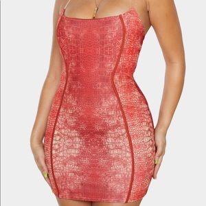 Prettylittlething red snake print bodycon dress